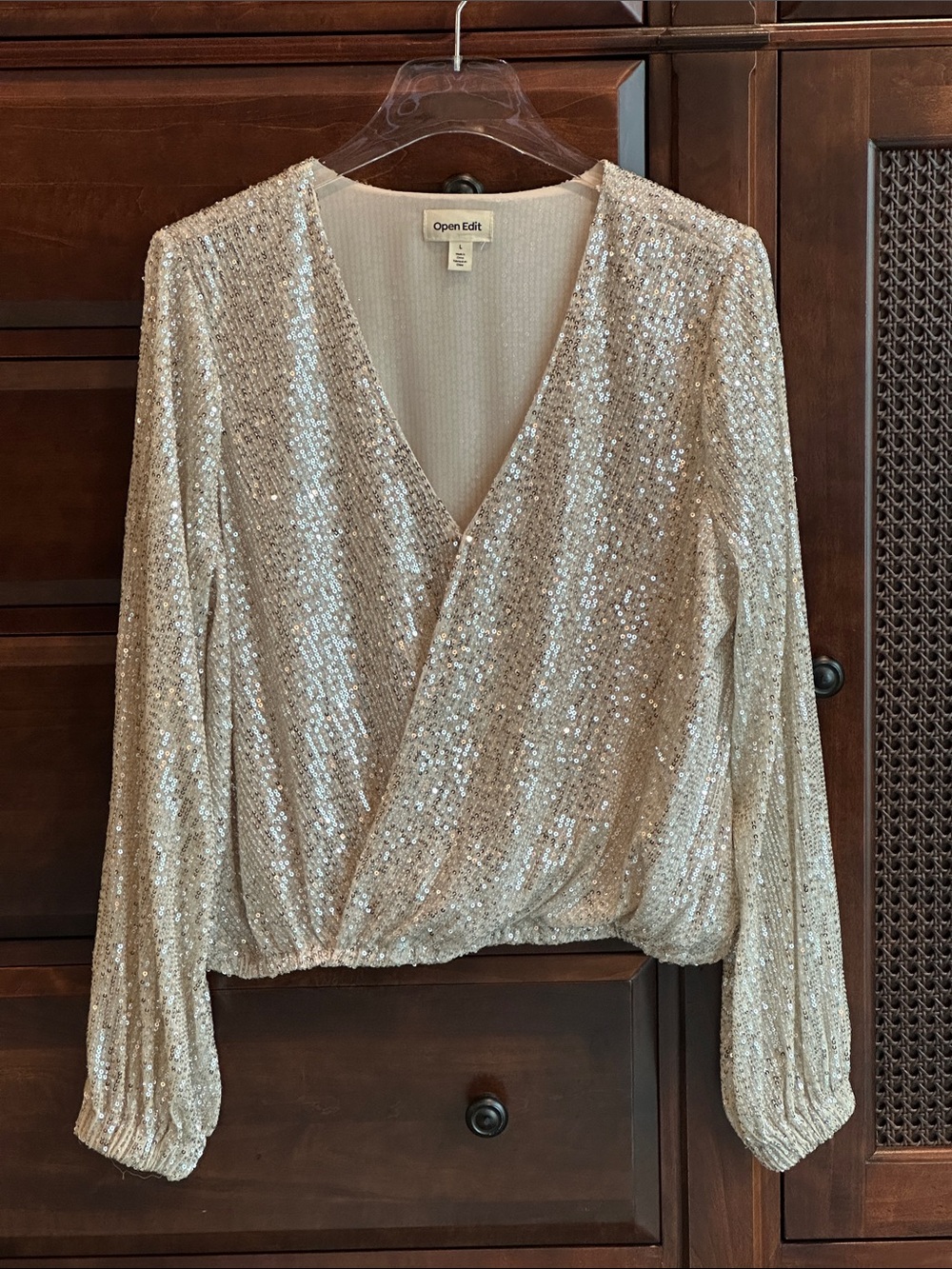 OPEN EDIT Sequin Wrap Top Nude SIZE LARGE NWOT